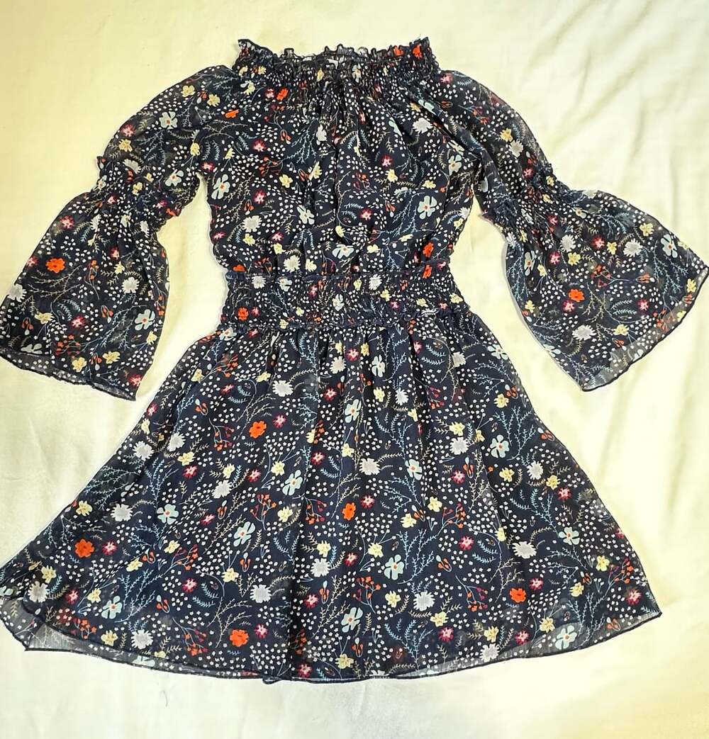 Smukke Floral Chiffon Dress Size 7 Girls Navy Blue Mini